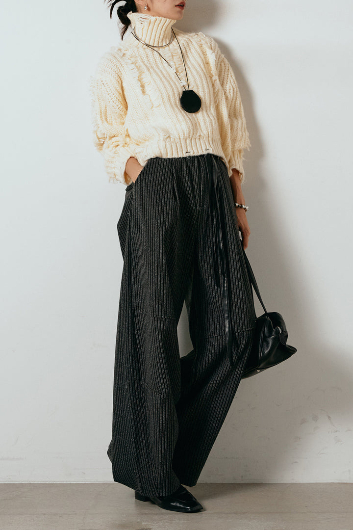 [SET]フリンジタートルショートニット+レザーライク配色ストライプパンツ(2set)