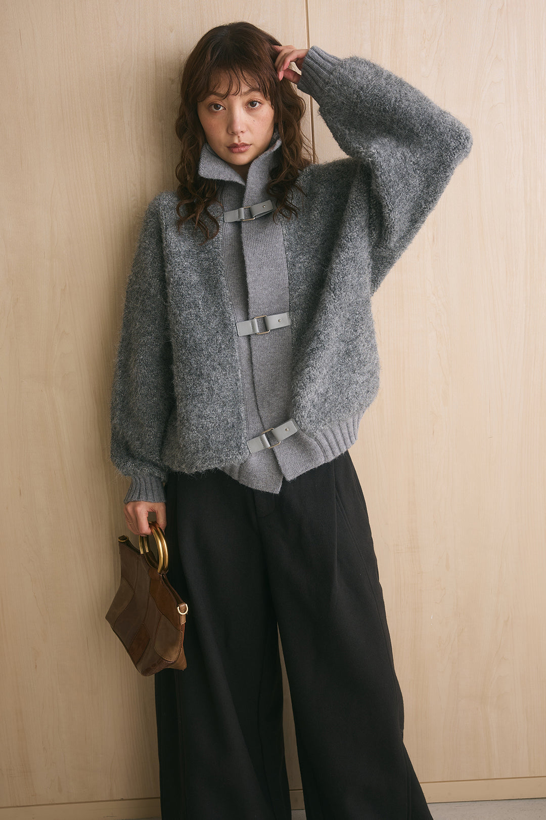[SET]ブークレーハイネックニットジャケット+ポーチベルト付きカーブパンツ(2set)