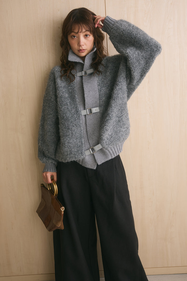 [SET]ブークレーハイネックニットジャケット+ポーチベルト付きカーブパンツ(2set)