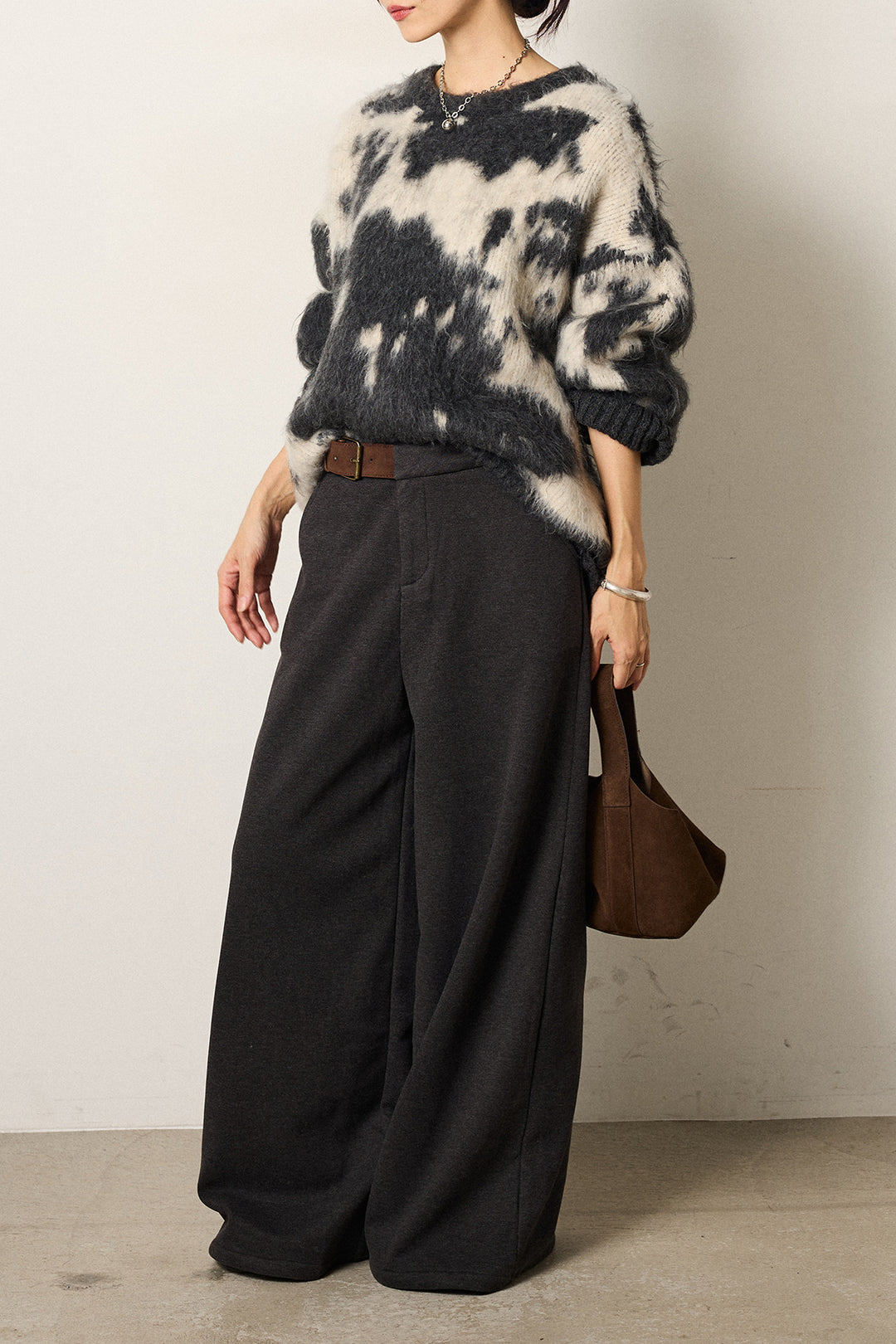 [SET]モヘアタッチマーブルニット+サイドベルトパンツ(2set)