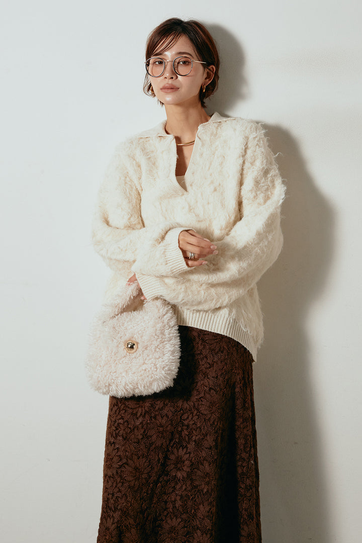 [SET]襟付きシャギーニットポロトップス+花柄刺繍ベロアフレアスカート(2set)