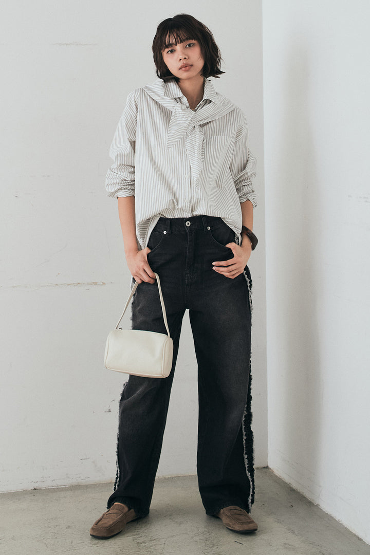 [SET]ランダムストライプスカーフ付きシャツ+デニムサイドフリルパンツ(2set)
