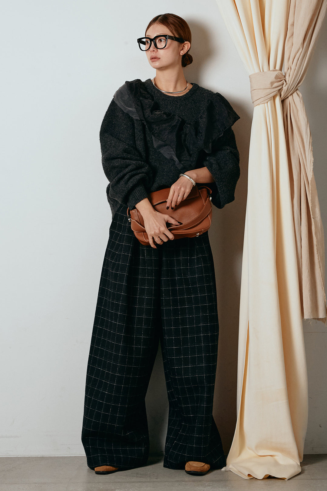 [SET]アシンメトリーフリルニットトップス+ウールライクチェックタックパンツ(2set)