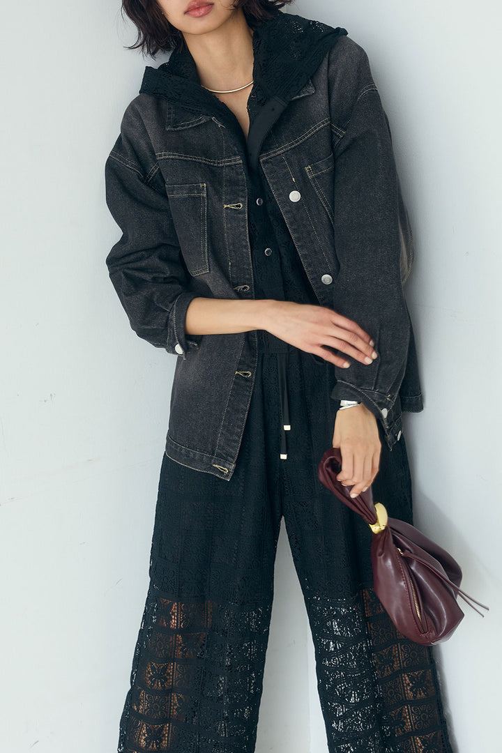 [SET]デニムオーバーサイズジャケット+パッチワークレースイージーパンツ+パッチワークレースショート丈フードシャツ(3set)