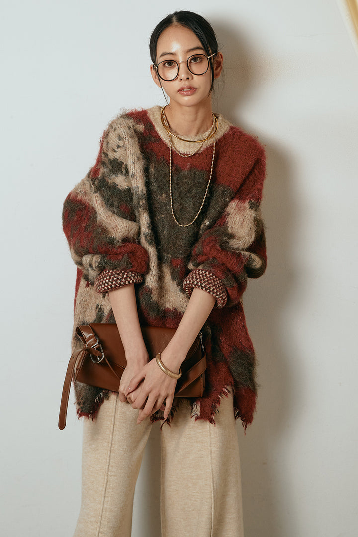 [SET]起毛裾デザインニュアンス柄ニットトップス+センターラインニットパンツ(2set)