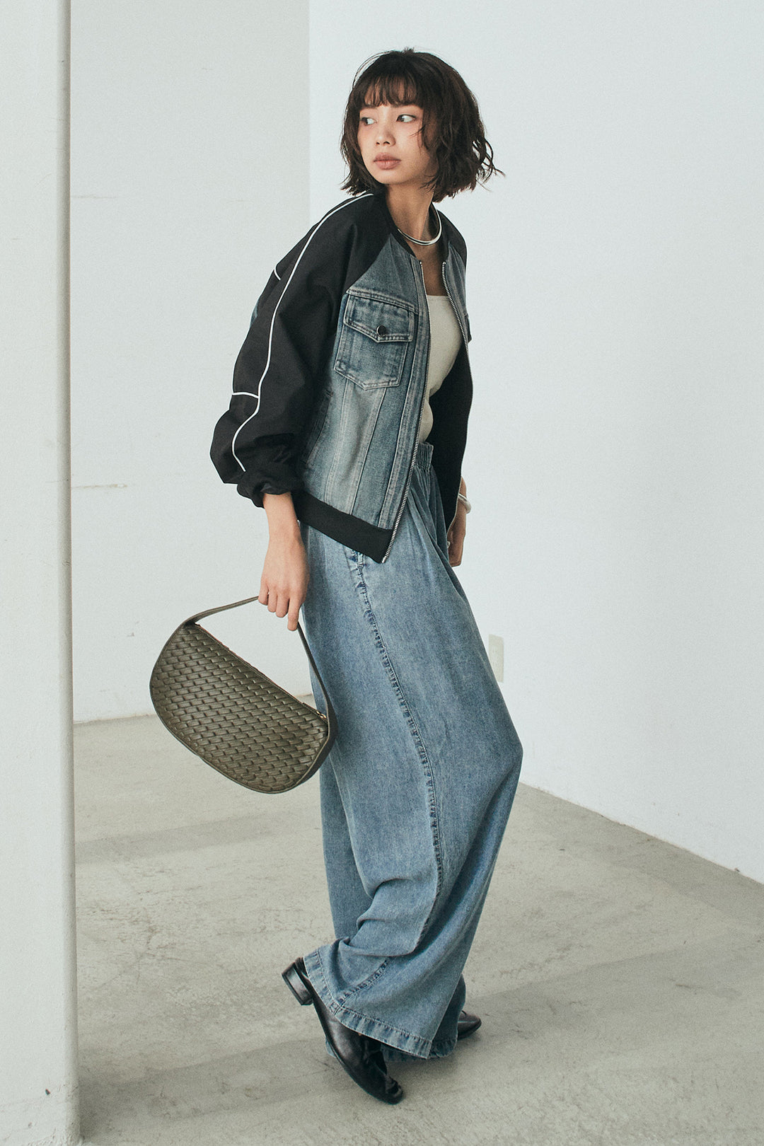 [SET]ナイロンデニムドッキングブルゾン+テンセルデニムイージーワイドパンツ(2set)