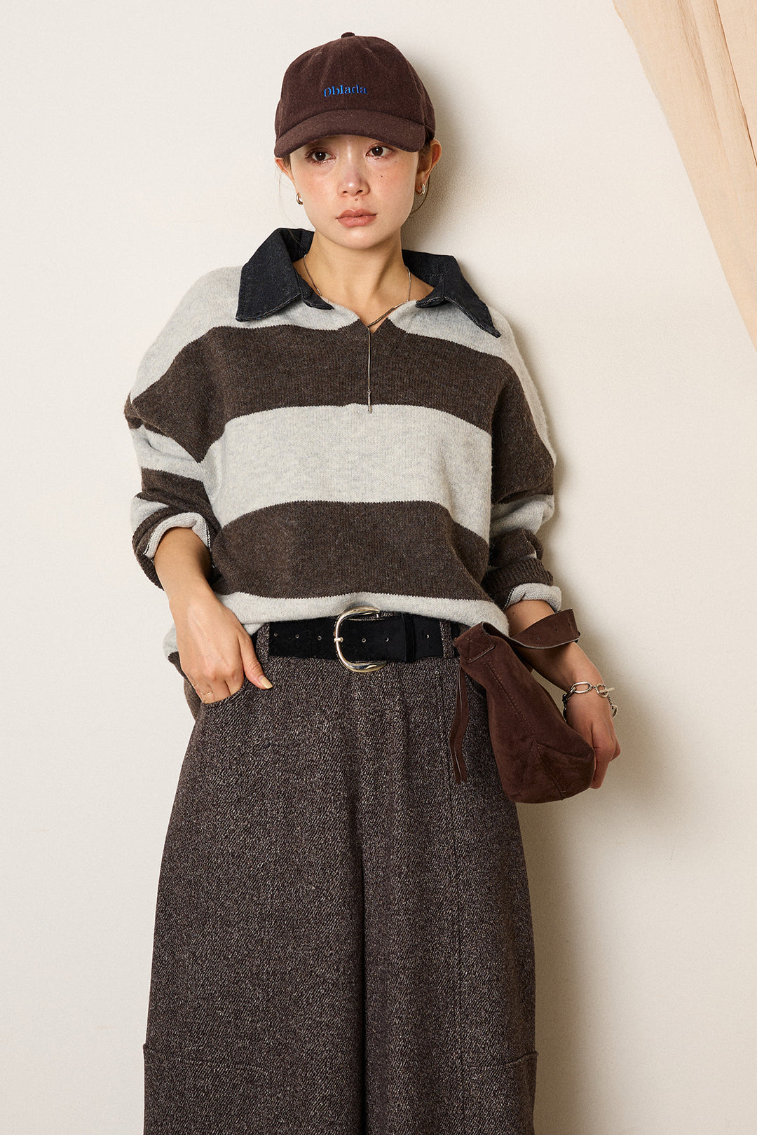 [SET]デニムカラーボーダールーズニット+太ベルト付きツイードワイドパンツ(2set)