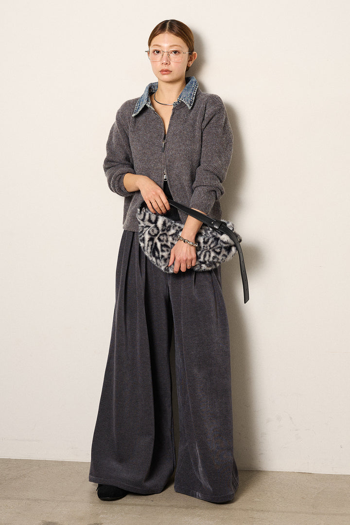 [SET]デニム襟ダブルジップニットトップス+ベルトループコーデュロイワイドパンツ(2set)