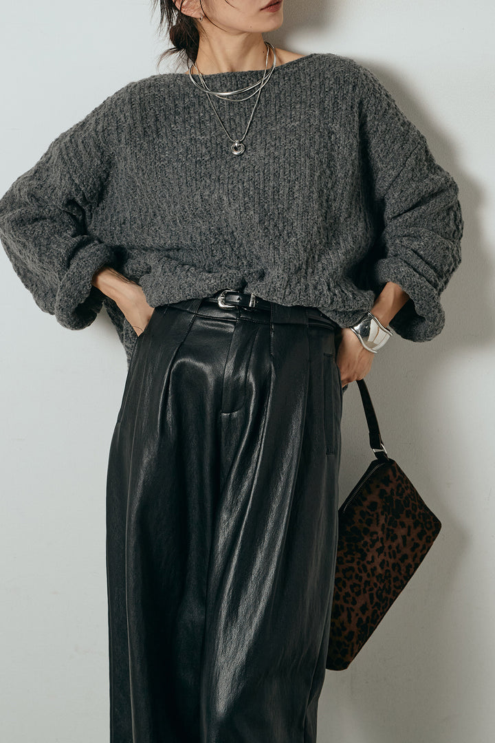 [SET]ボリューム編みニットプルオーバー+ベルト付きレザーライクタックパンツ(2set)