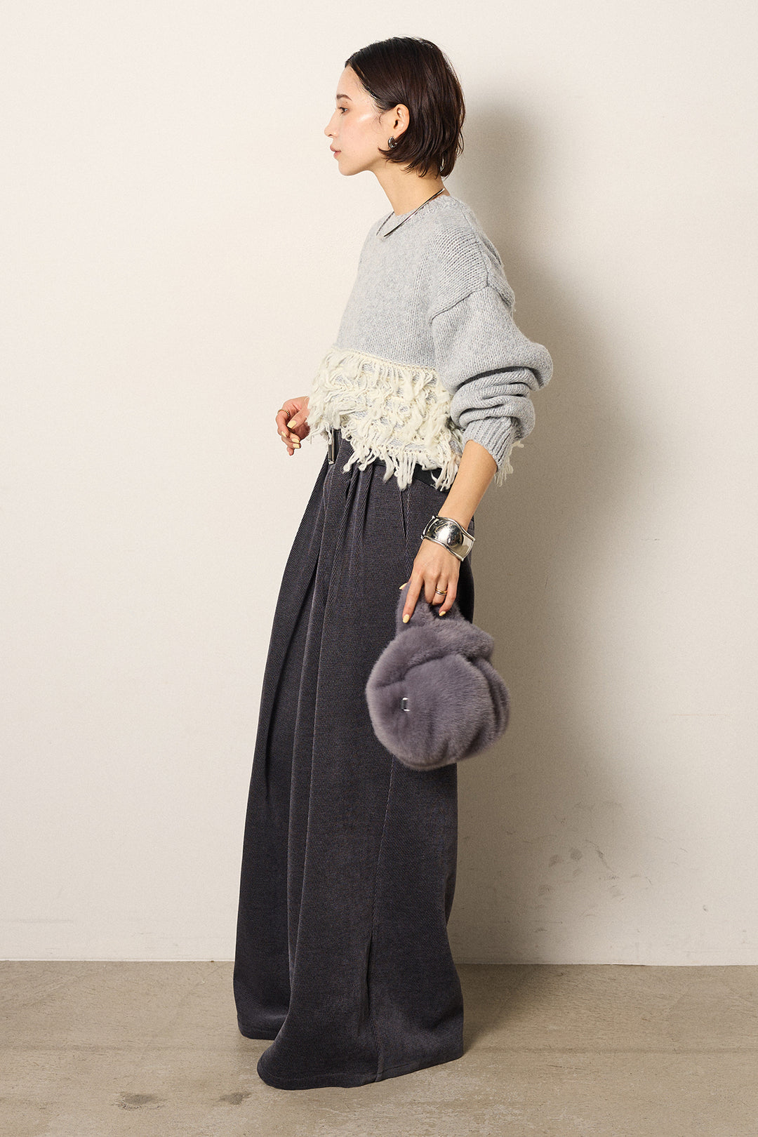 [SET]ループ編み切り替えニットプルオーバー+ベルトループコーデュロイワイドパンツ(2set)