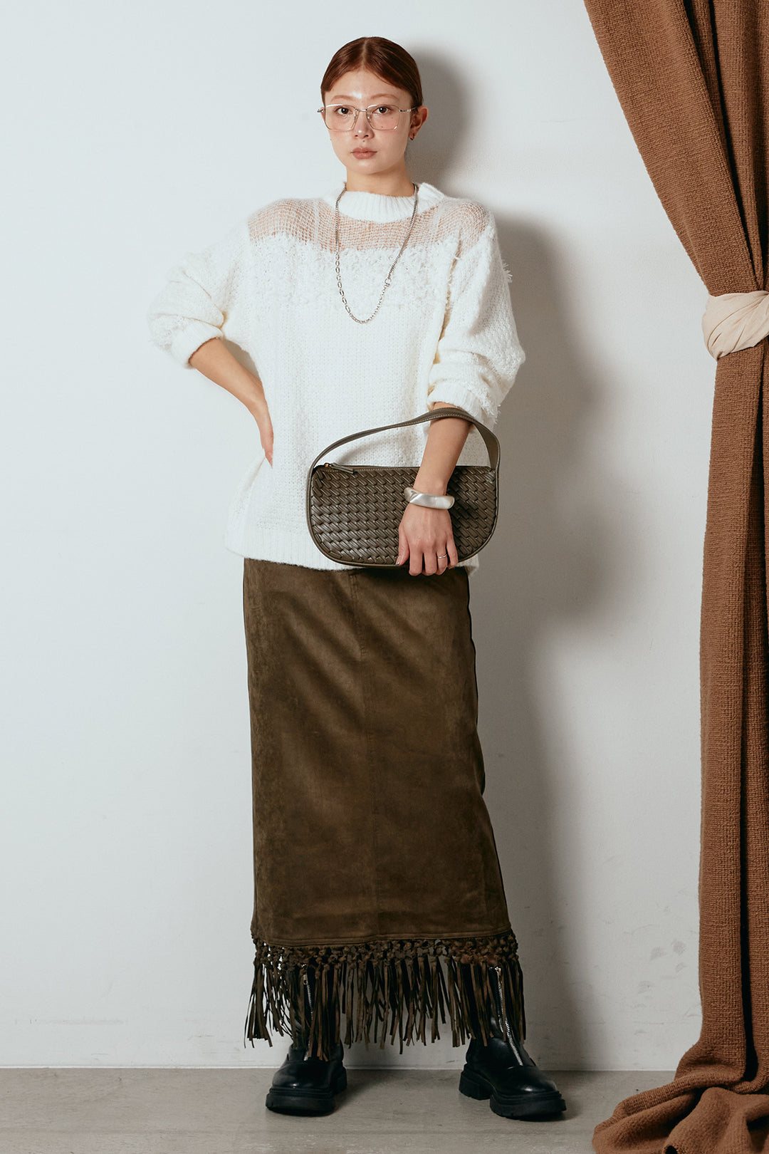 [SET]パターンランダム編みニットトップス+スウェードライク裾フリンジスカート(2set)