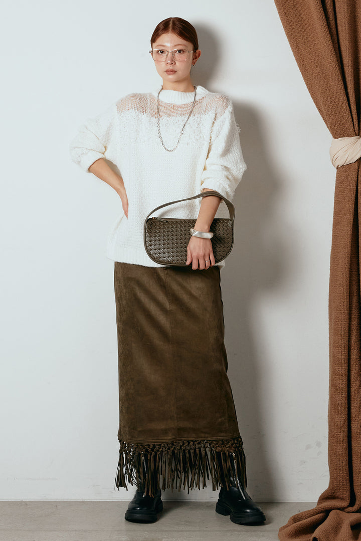 [SET]パターンランダム編みニットトップス+スウェードライク裾フリンジスカート(2set)