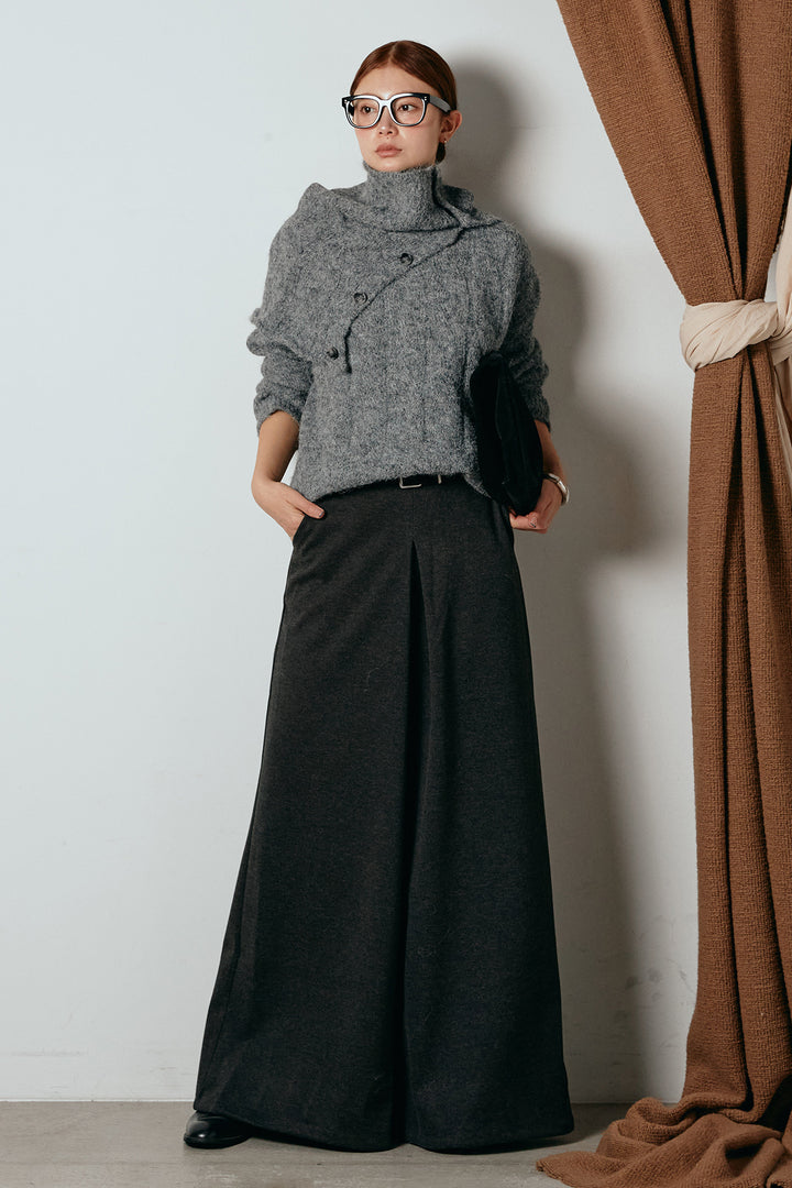 [SET]ケープデザインケーブルニットトップス+ベルト付きフロントタックデザインパンツ(2set)