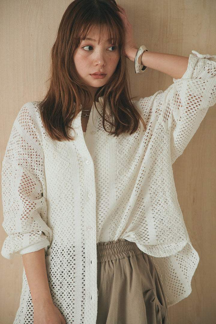 [SET]長袖襟付きレースシャツ+ポケットタックフォルムパンツ(2set)