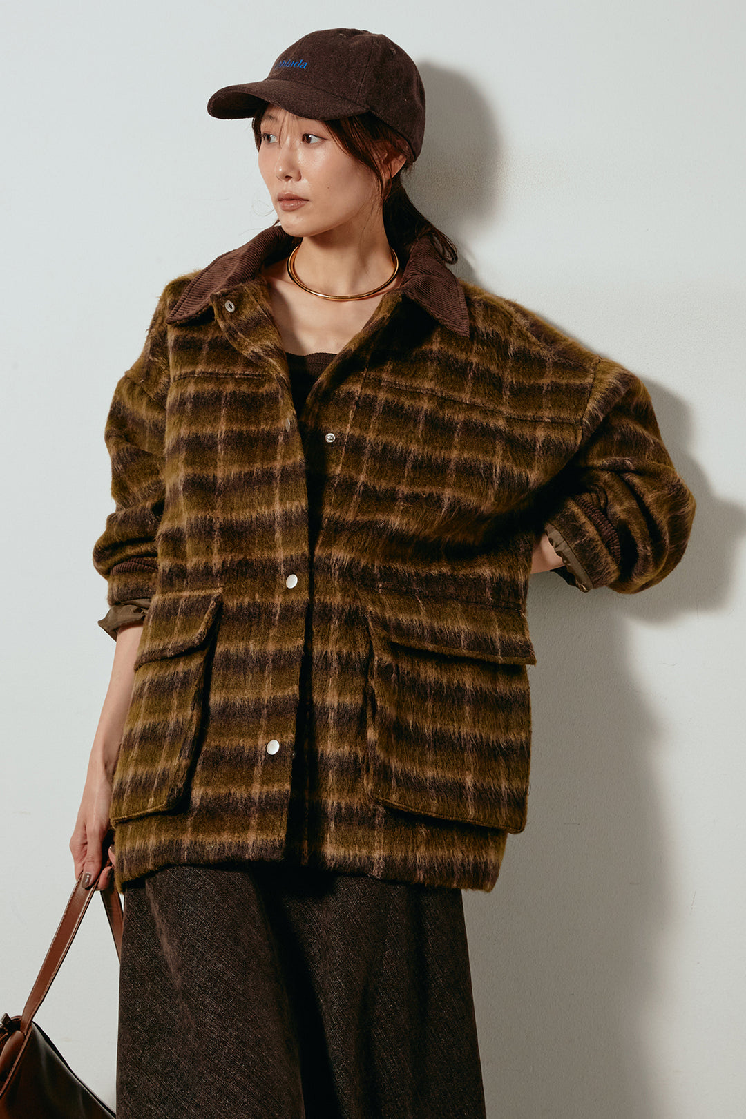 [SET]チェックシャギーミドルカバーオール+スウェードライクロングスカート(2set)