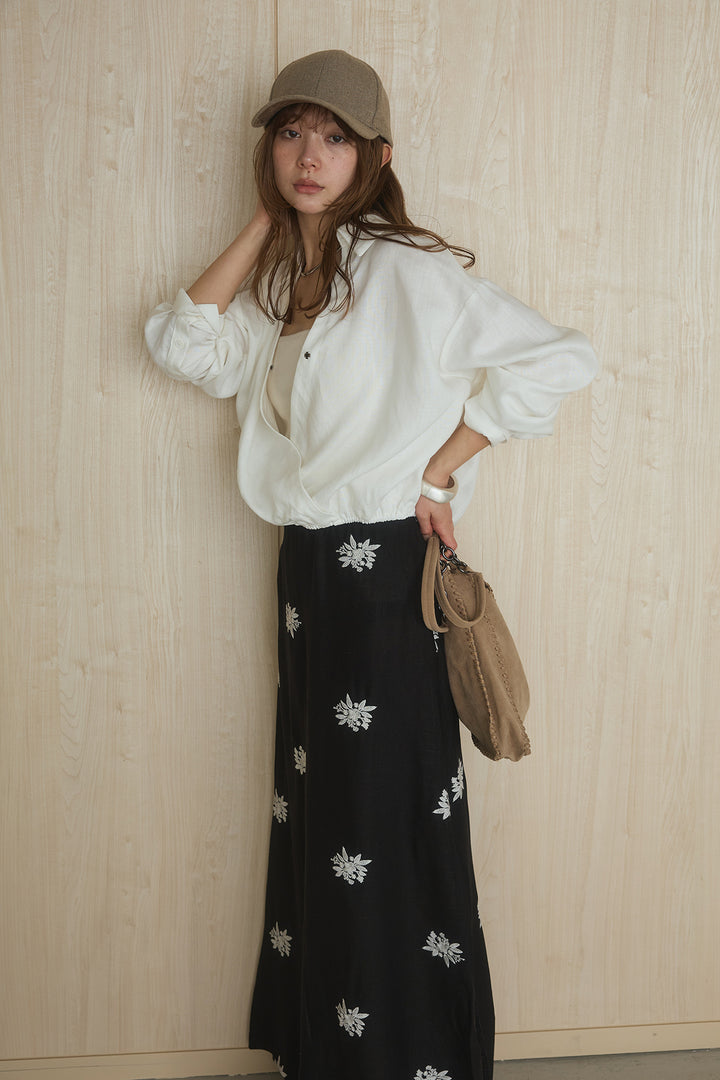 [SET]麻混襟付きトップス+レースコンビフラワー刺繍柄スカート(2set)
