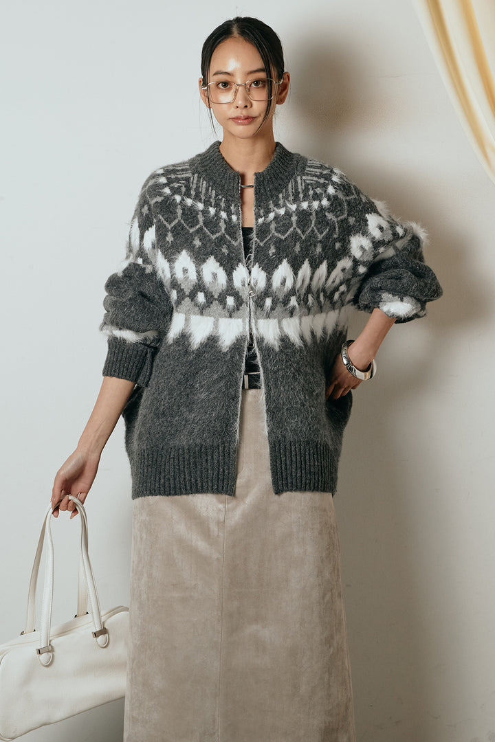 [SET]起毛ダブルジップパターンニットカーディガン+エコスウェードワイドスカート(2set)