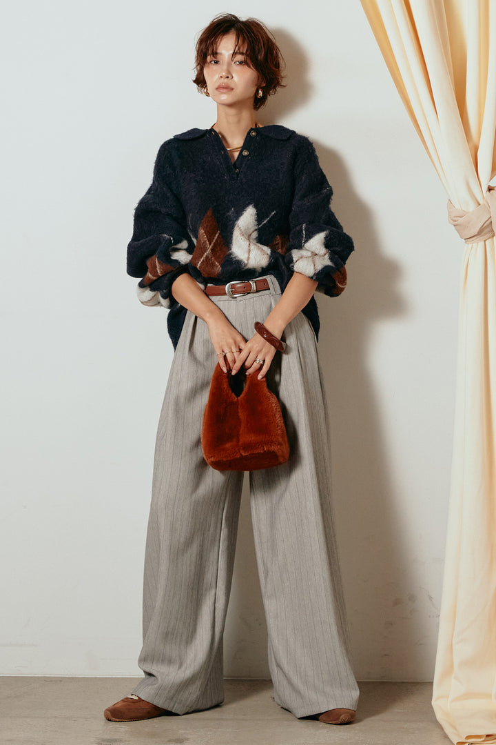 [SET]アーガイル柄ポロニットトップス+ストライプヘリンボーンパンツ(2set)