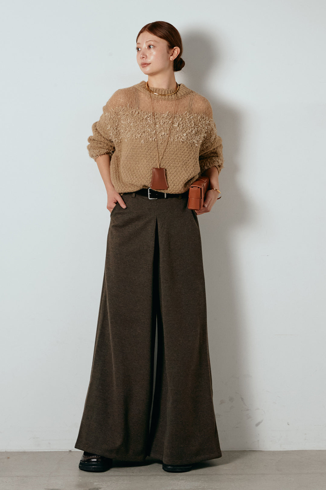 [SET]パターンランダム編みニットトップス+ベルト付きフロントタックデザインパンツ(2set)