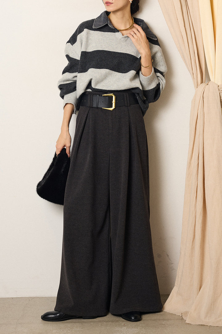[SET]デニムカラーボーダールーズニット+ゴールドバックル太ベルト付きワイドパンツ(2set)