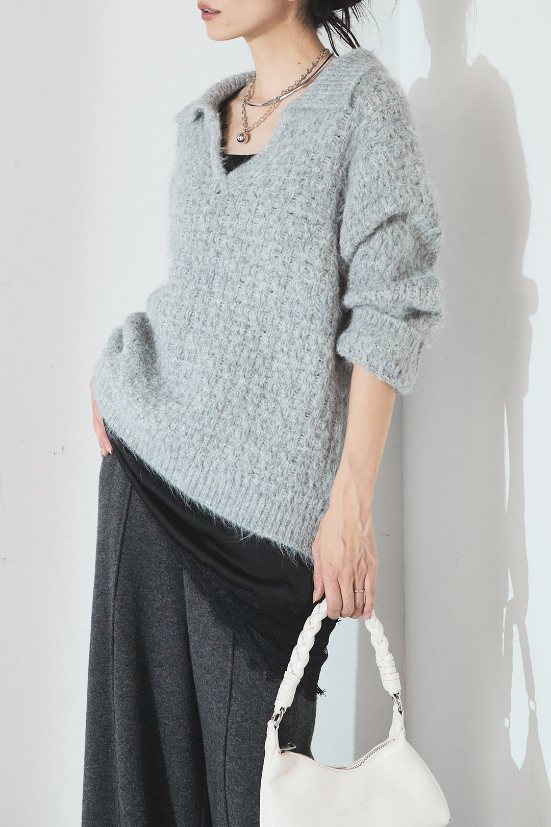 [SET]襟付きVネックニットトップス+センターラインニットパンツ(2set)