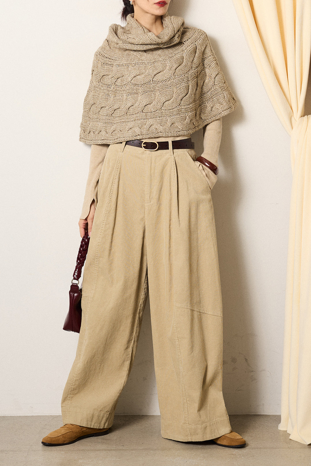 [SET]ケーブル編みケープレイヤードニット+タック入りコーデュロイワイドパンツ(2set)