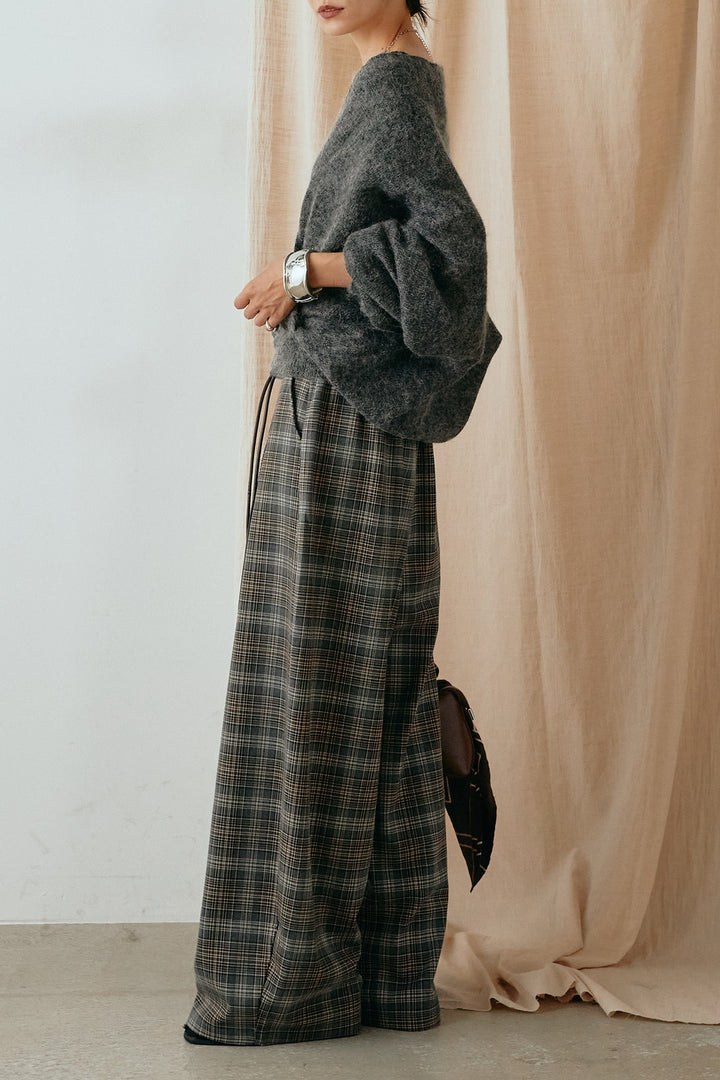 [SET]カシュクールデザインニット+編みベルト付きタータンチェックワイドパンツ(2set)