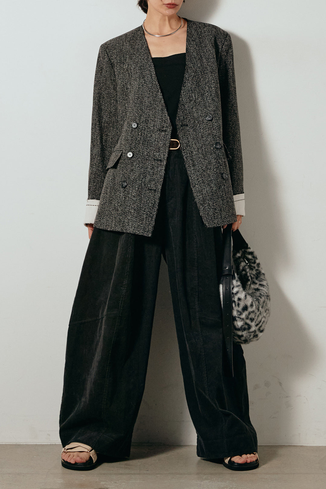 [SET]ノーカラーダブルボタンツイードジャケット+タック入りコーデュロイワイドパンツ(2set)