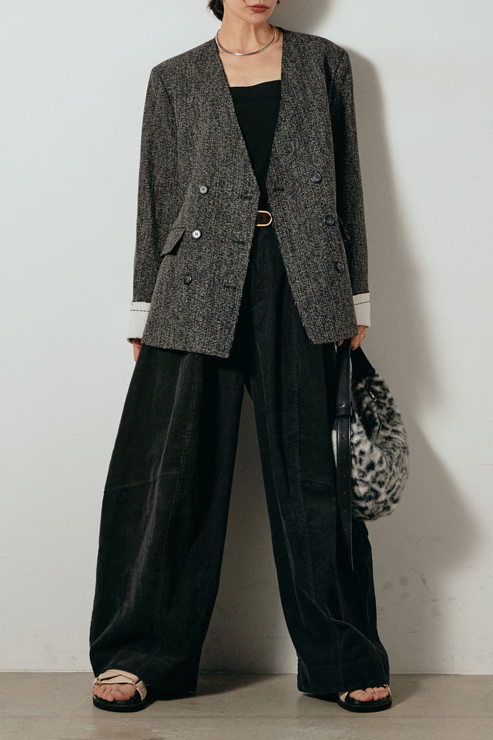 [SET]ノーカラーダブルボタンツイードジャケット+タック入りコーデュロイワイドパンツ(2set)