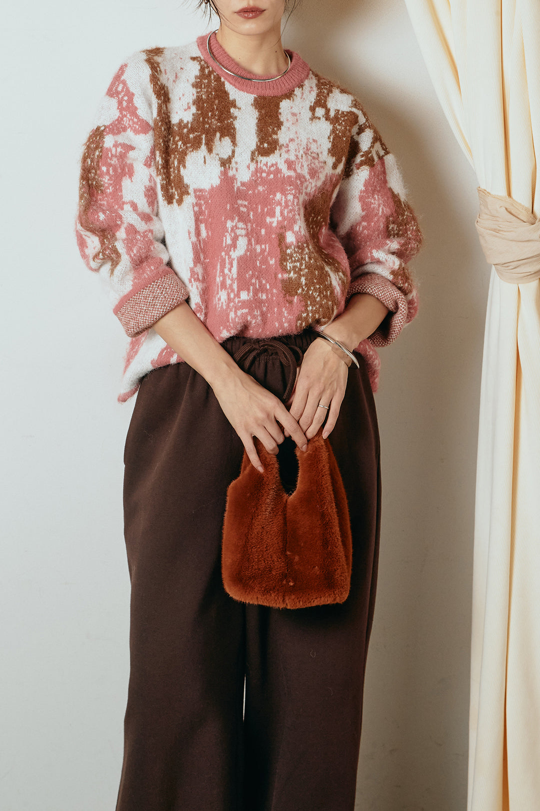 [SET]起毛ニュアンス柄ニットプルオーバー+裏起毛スウェットワイドパンツ(2set)