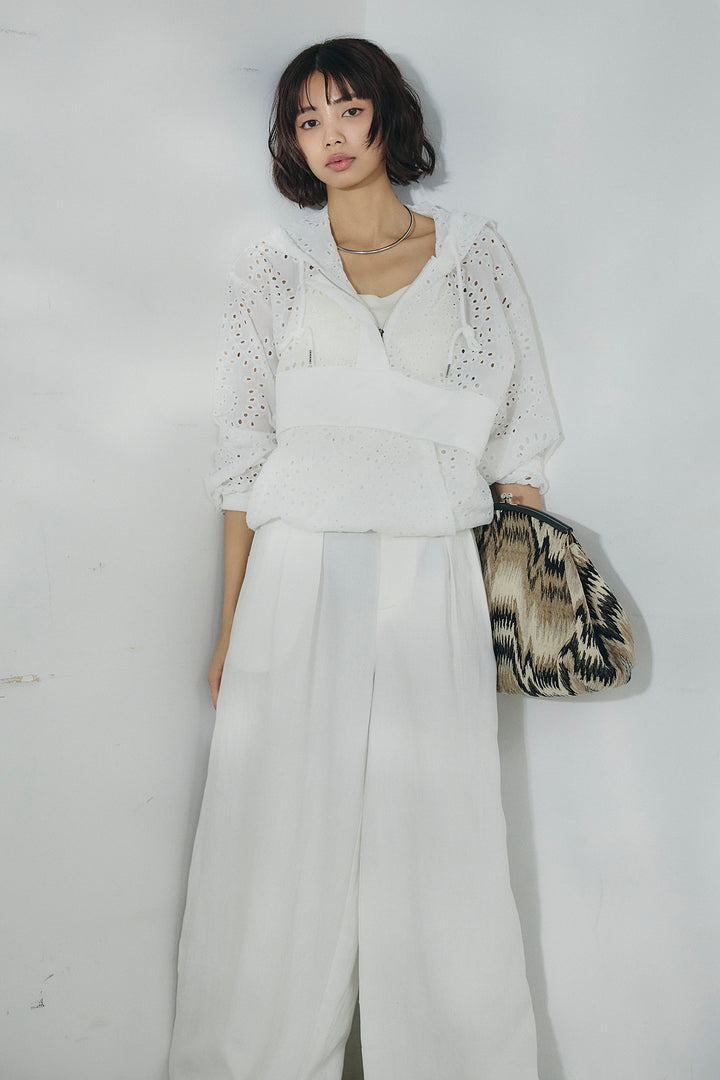 [SET]レースハーフジップアップフーディー+リネン混タックストレートワイドパンツ(2set)