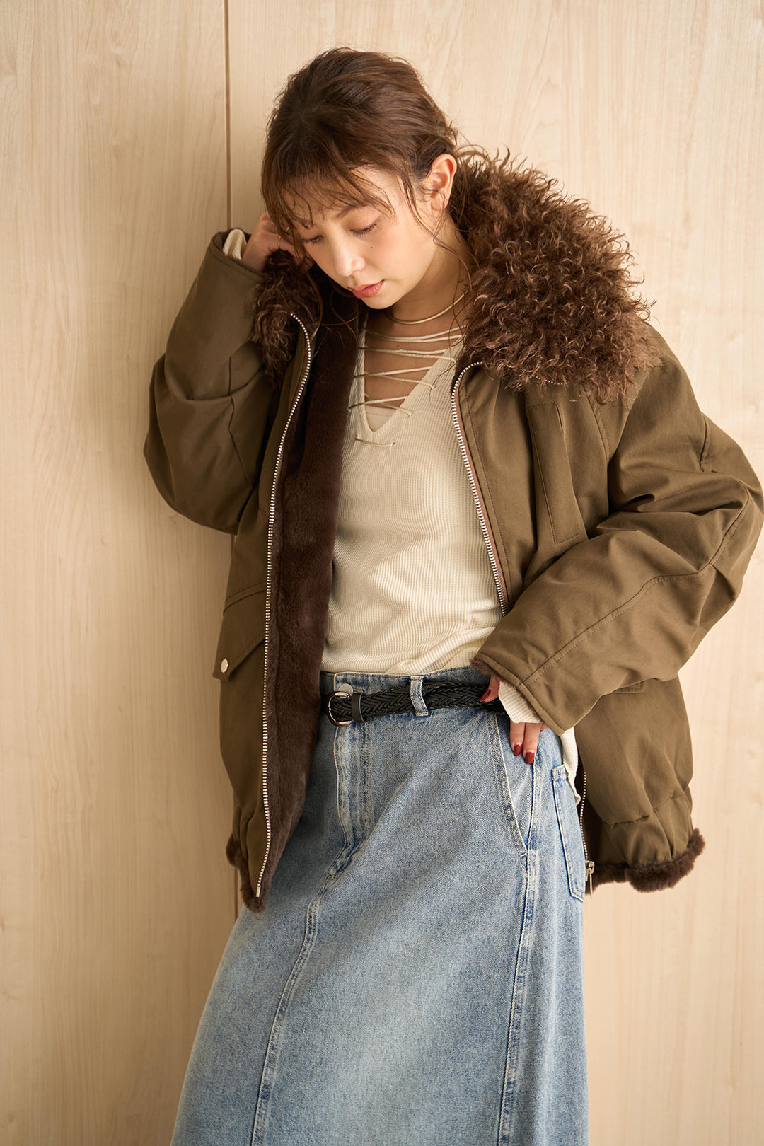 [SET]ファートリムフライトブルゾン+デニムロングフレアスカート(2set)