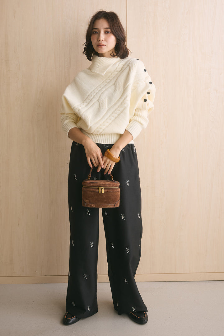 [SET]アシメカラーボタンケーブルニット+総ビーズ刺繍パンツ(2set)