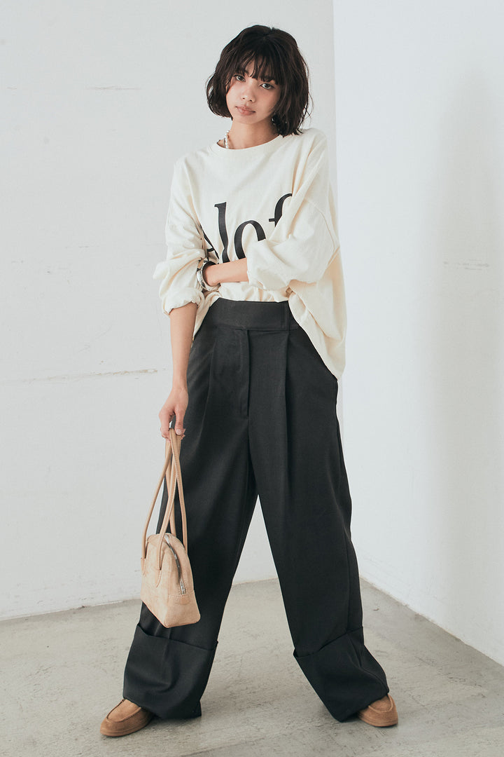 [SET]裾センタードロストロゴプリントワイドTシャツ+センタープレスセミワイドパンツ(2set)
