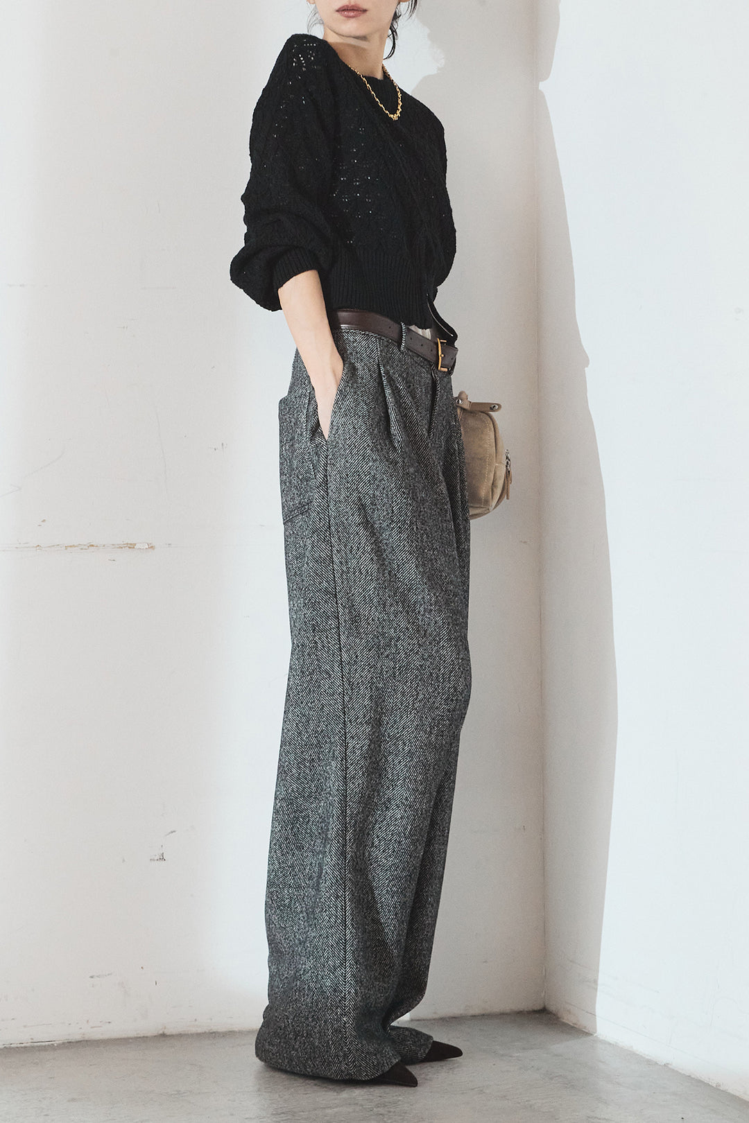 [SET]透かし編みニットジップスリットプルオーバー+タックツイードワイドパンツ(2set)
