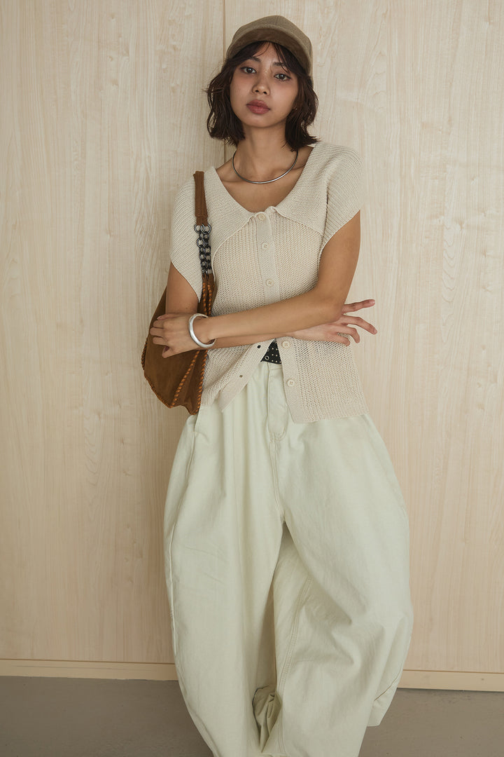 [SET]ビッグカラーボタンニットトップス+ベルト付きカラーデニムパンツ(2set)