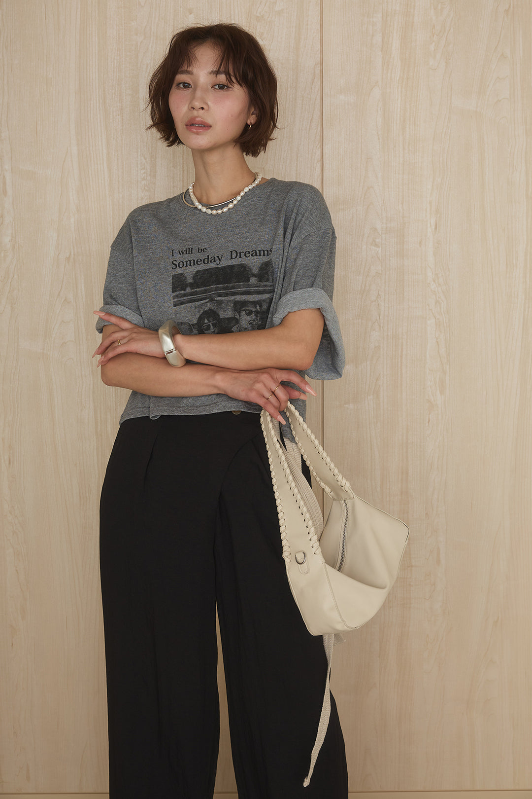 [SET]グラフィックサムデイワイドクロップドT+異素材ベルト付きラップ風ニュアンスワイドパンツ(2set)