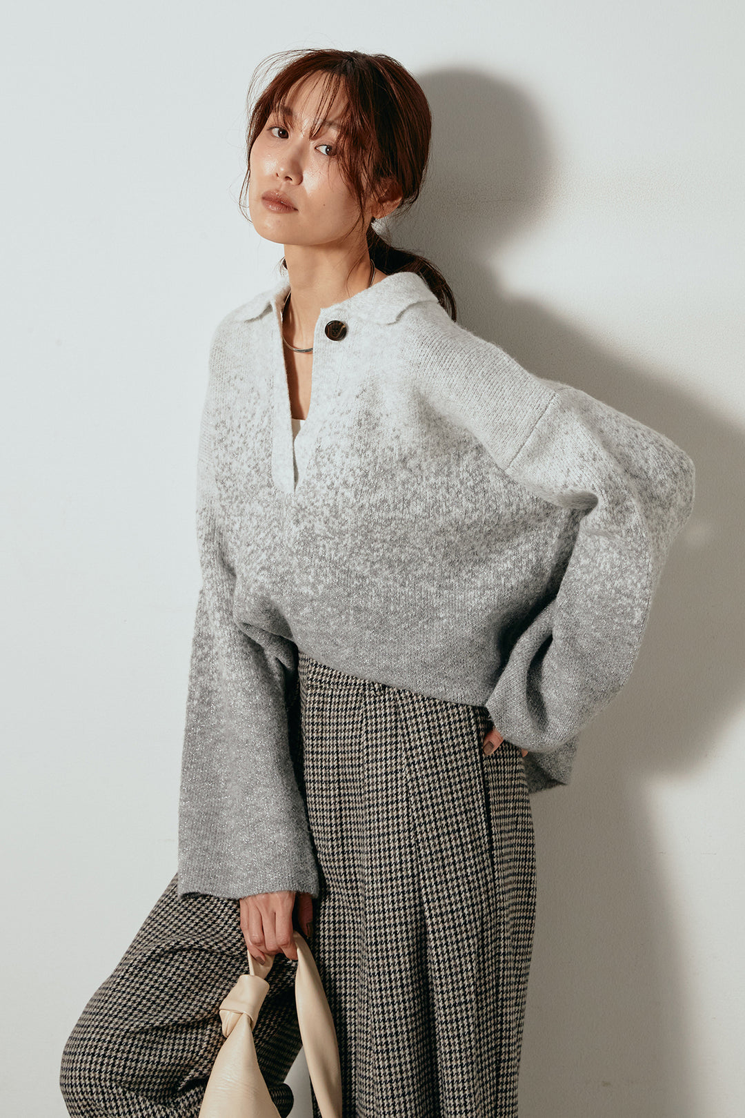 [SET]グラデーションラメニットキーネックプルオーバー+ガンクラブチェックタックパンツ(2set)