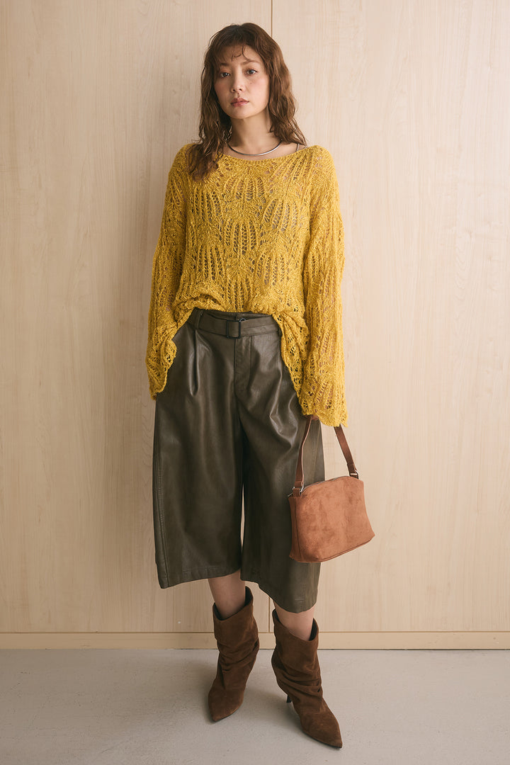 [SET]透かしレース編みボートネックニットプルオーバー+ベルト付きレザーライクタックハーフパンツ(2set)
