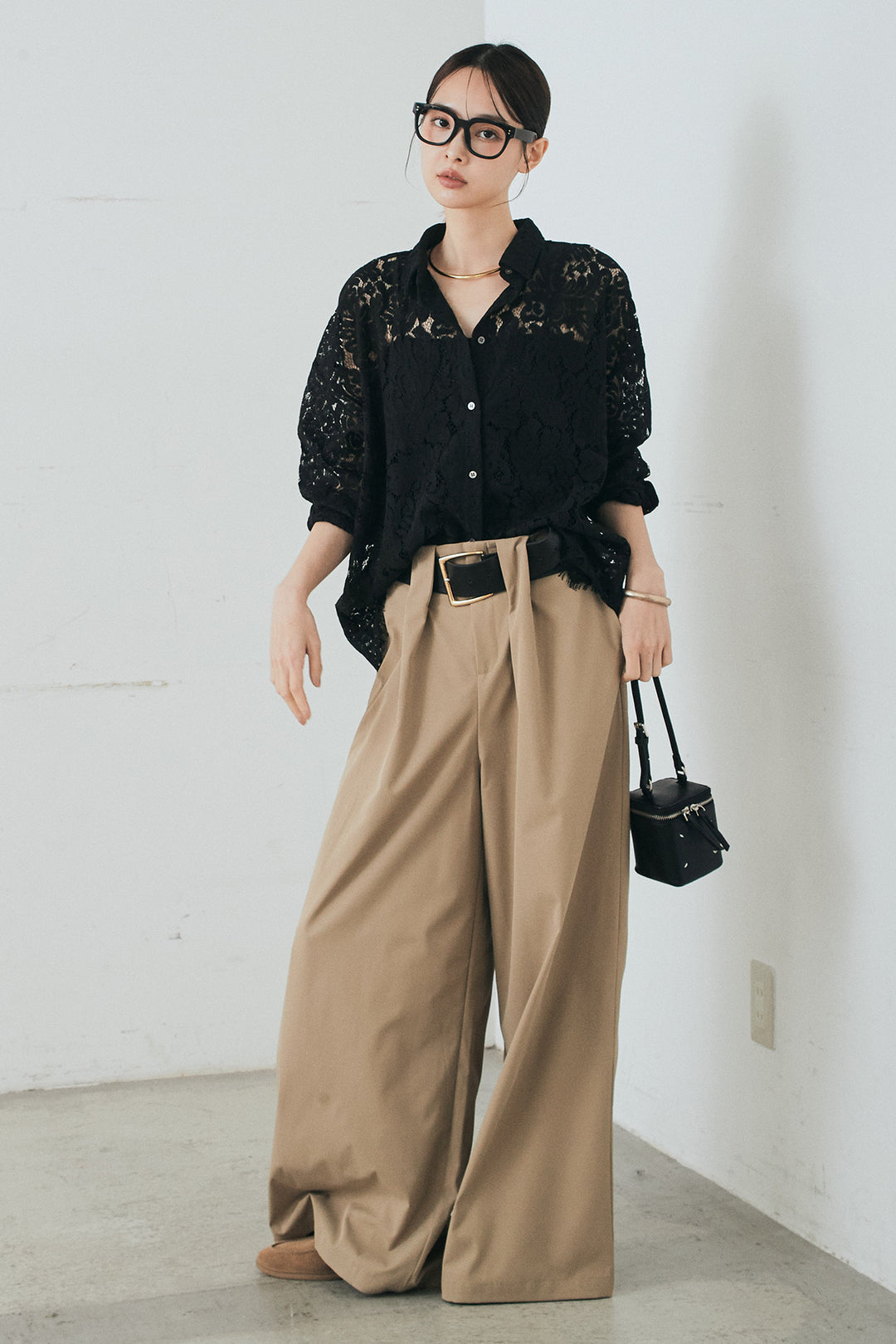 [SET]レース裾スカラップシャツ+ベルトループデザインハイウエストタックパンツ(2set)