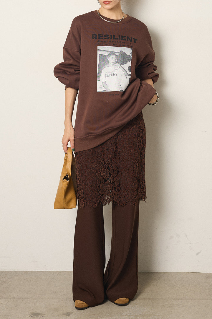 [SET]モノトーンプリントスウェット+レース刺繍レイヤードフレアパンツ(2set)