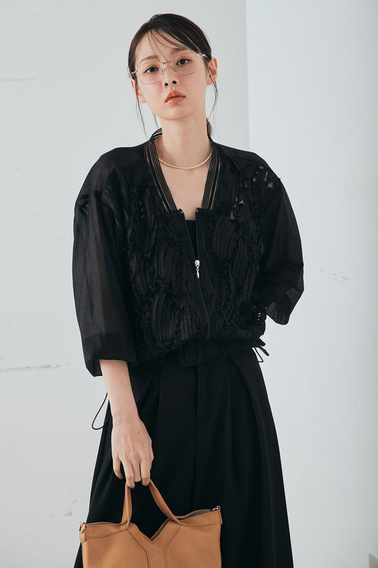 【着回しセット】[SET]モチーフ付きシアーブルゾン+ベルト付きツータックワイドパンツ+モチーフ付きシアーブルゾン(3set)