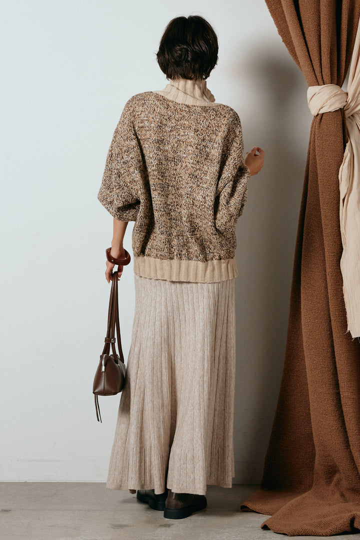 [SET]ハイネックミックスニットカーディガン+編み地切り替えフレアニットスカート(2set)