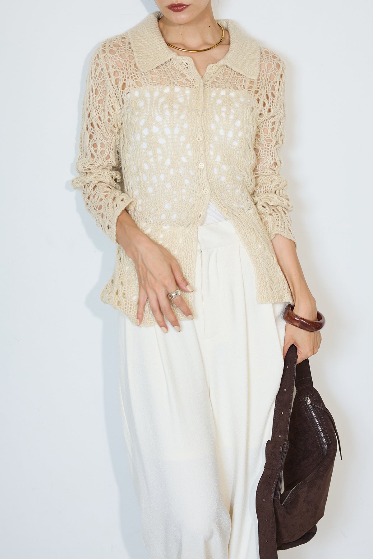 SET]透かし柄ポロニットカーディガン+起毛デザインタックワイド