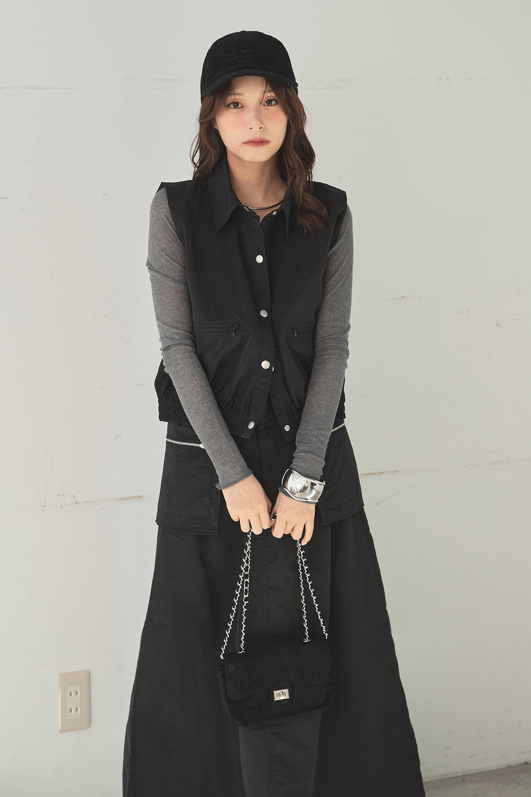 [SET]襟付きナイロンベスト+サイドデザインナイロンスカート(2set)