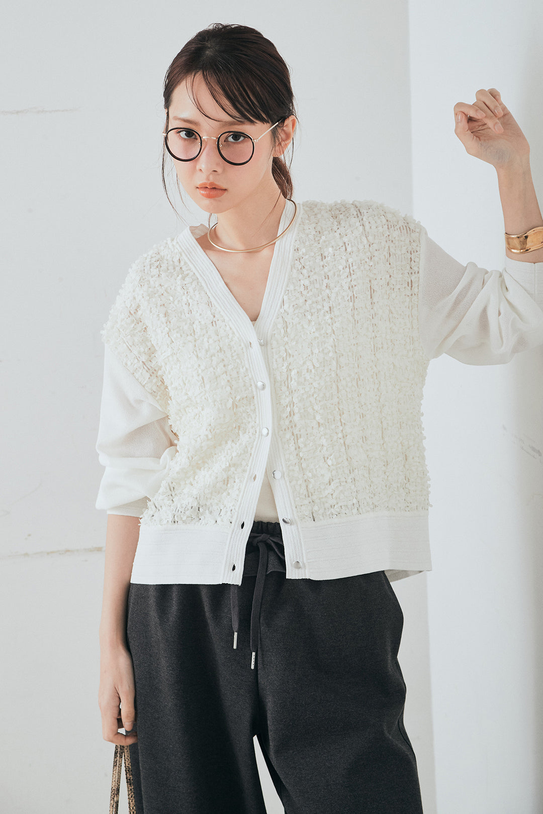 [SET]モコレースVネックカーディガン+カットダンボールウエストフリルカーブパンツ(2set)