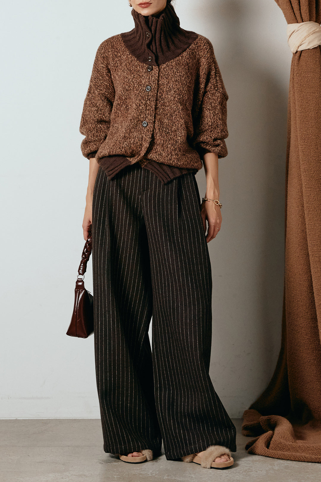 [SET]ハイネックミックスニットカーディガン+ウールライクストライプパンツ(2set)