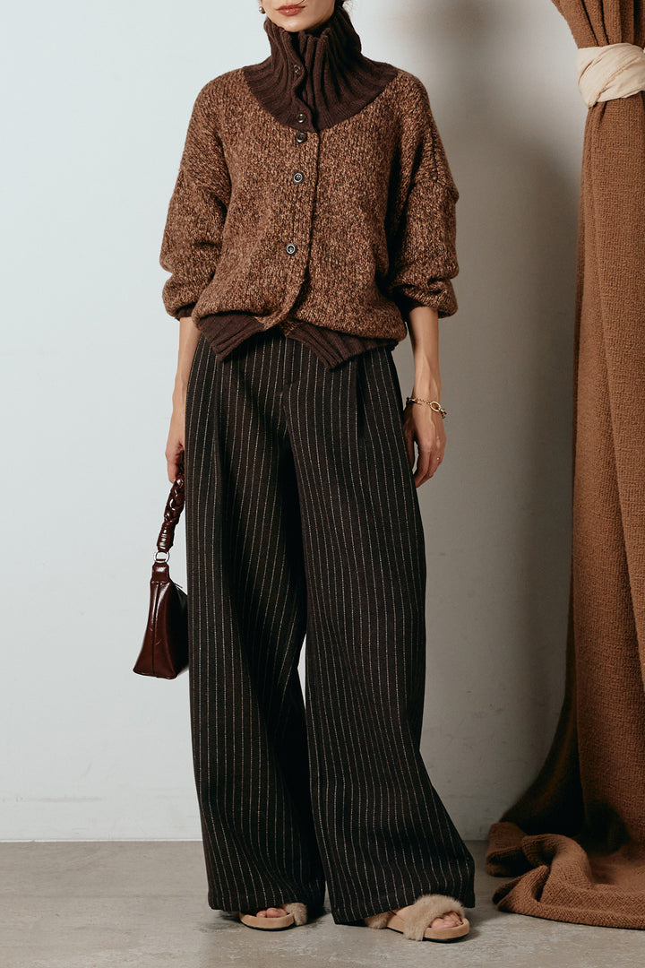 [SET]ハイネックミックスニットカーディガン+ウールライクストライプパンツ(2set)