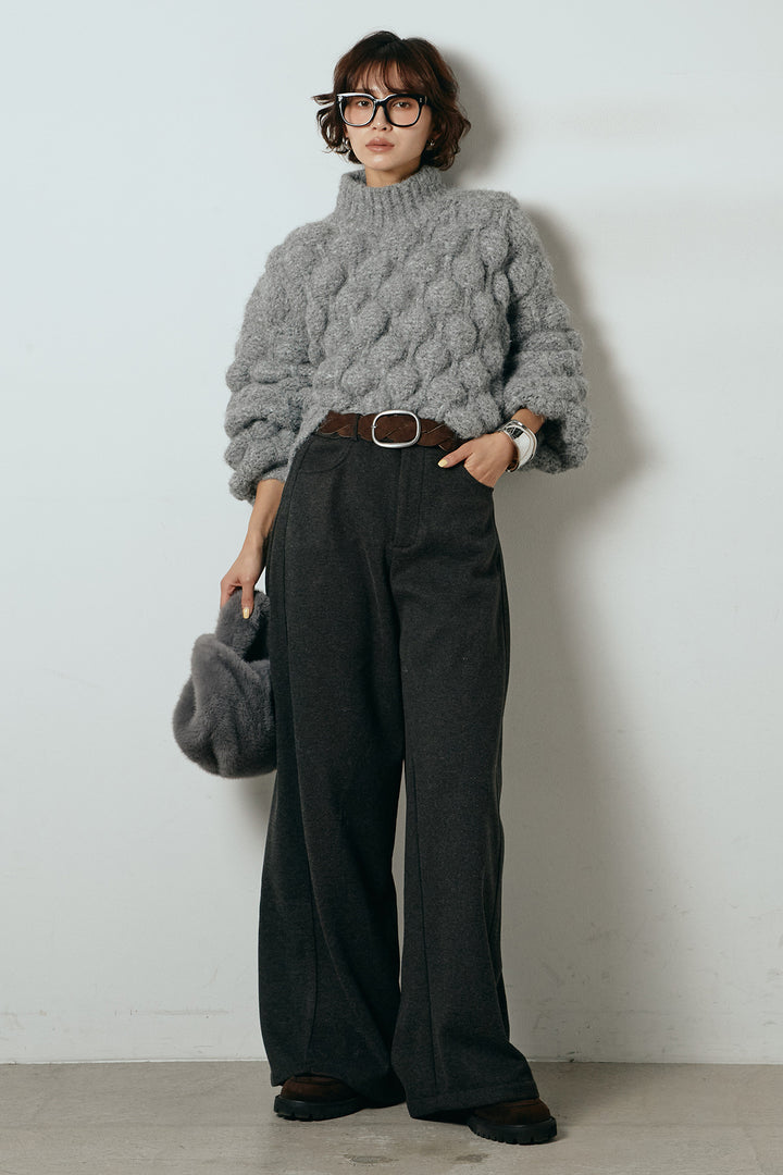 [SET]ボリュームポップコーンニットトップス+編みベルト付きワイドパンツ(2set)