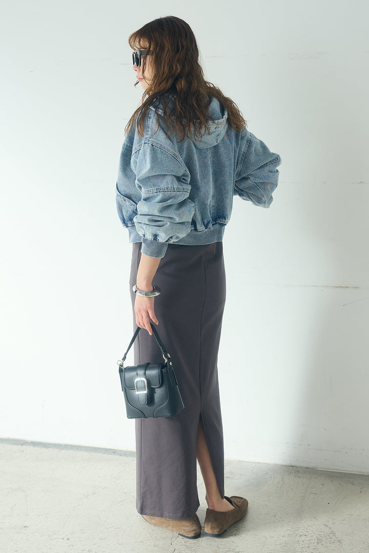 [SET]デニムダブルジップパーカーブルゾン+レイヤード見えヘンリーネックロングワンピース(2set)